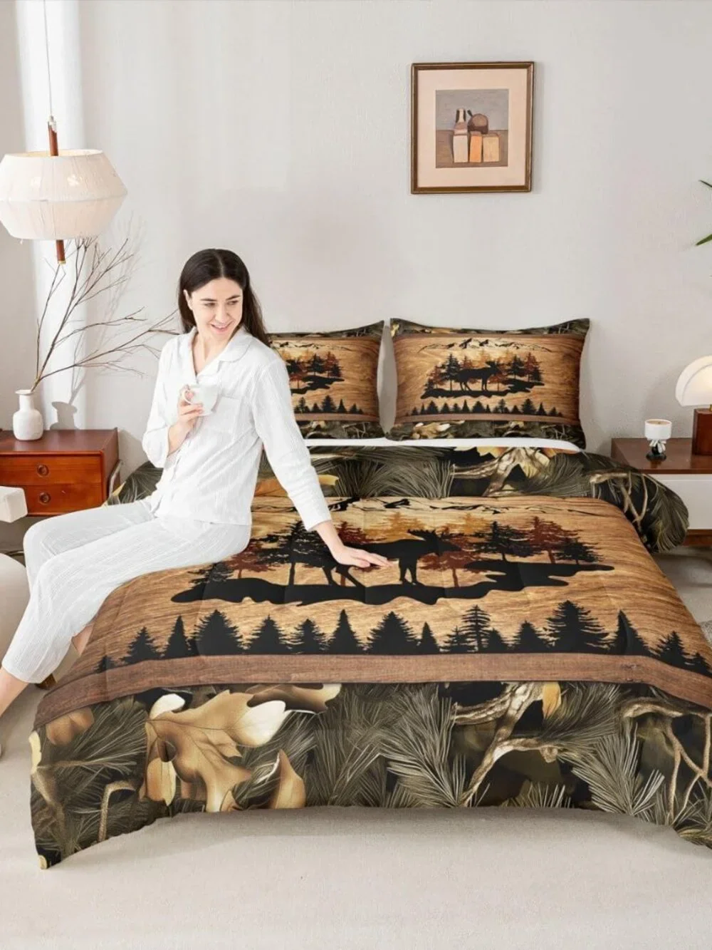 Jungle Cabin Comforter Set,Moose Animal Pine Trees Bedding Sets for Kids Teens A